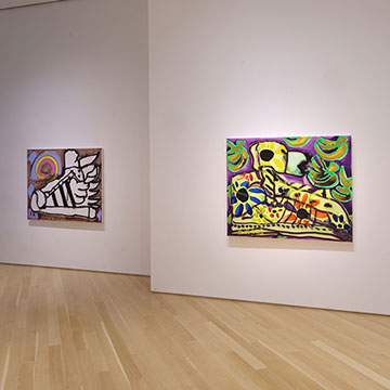 paintings on display at the A Match Made in Heaven exhibition featuring Katherine Bernhardt and Jeremy Scott