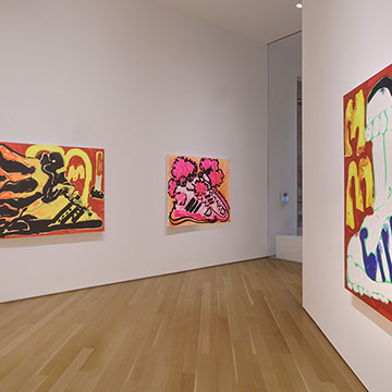 paintings on display at the Match Made in Heaven exhibition featuring Katherine Bernhardt and Jeremy Scott