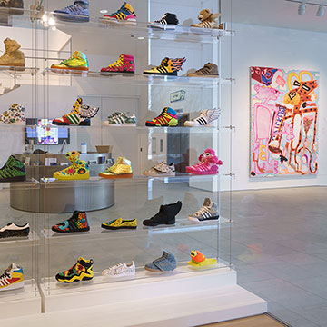a view of the shoe wall on display at the Nerman Museum
